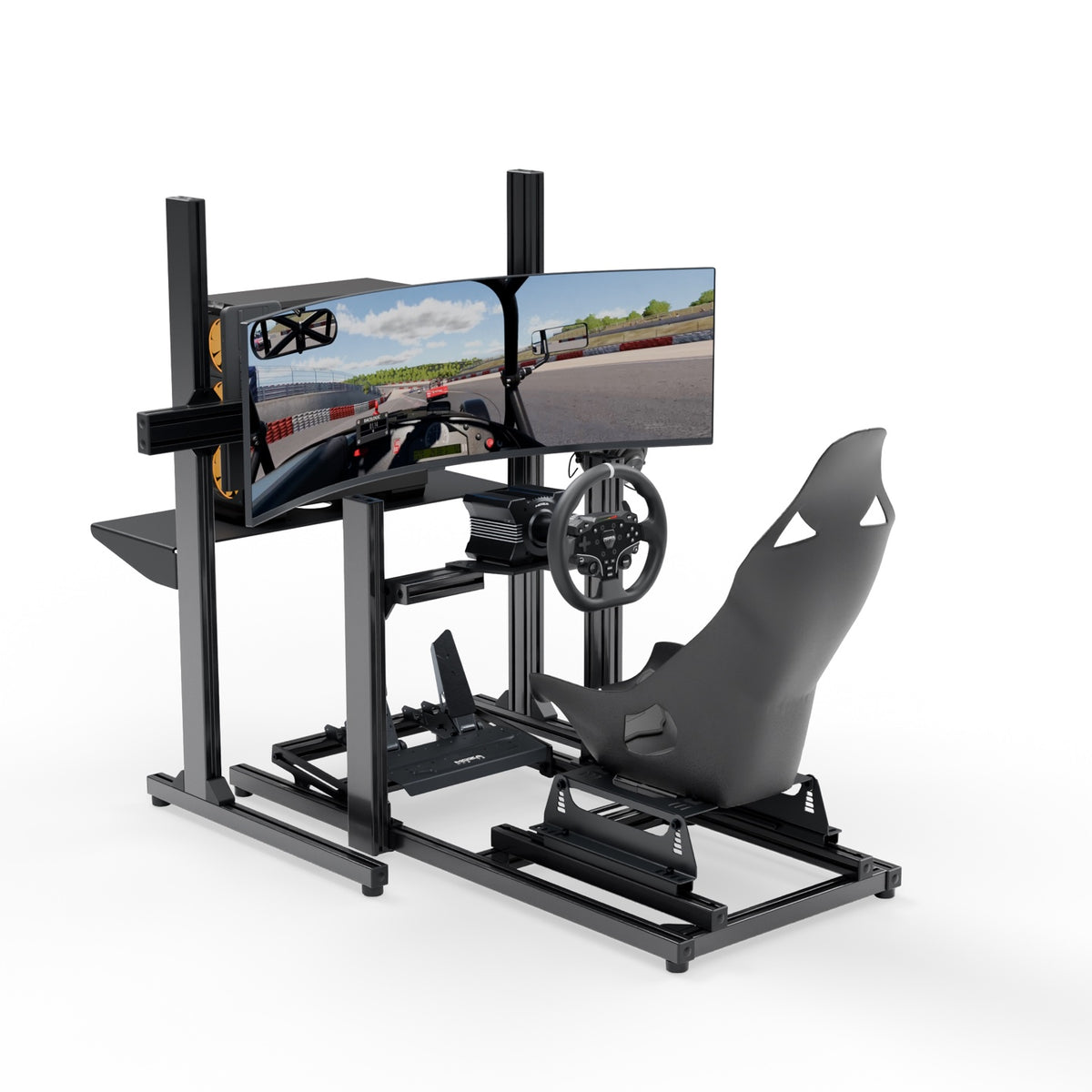 LPSIMU Kids simulator, full view with curved Samsung screen, MOZA steering wheel and RCC MK1 Kids seat