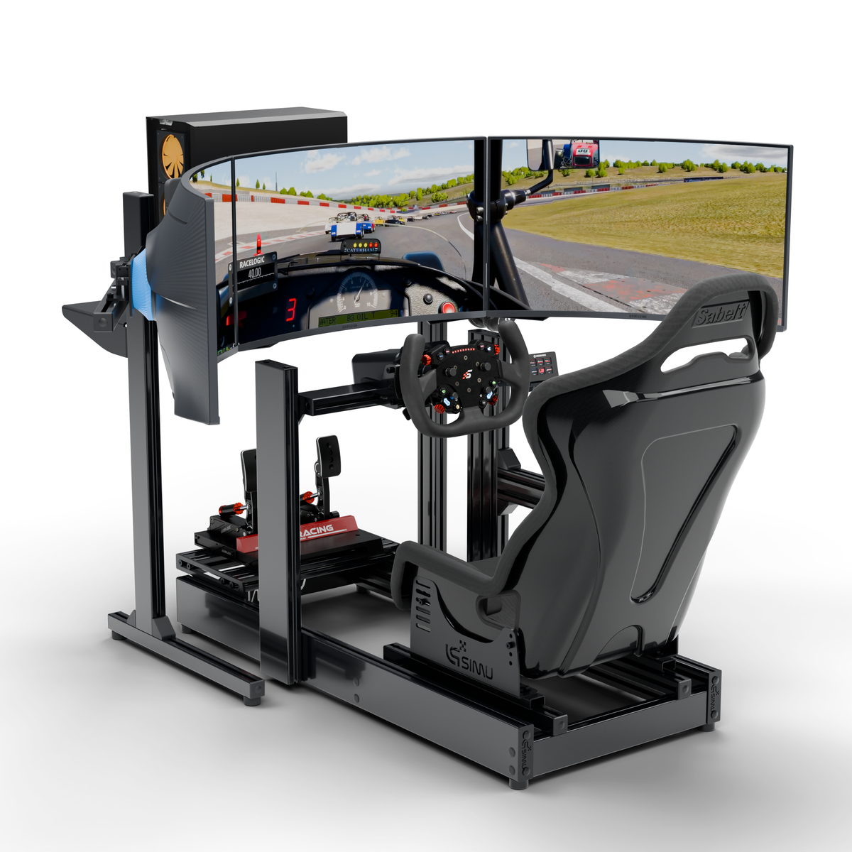 Simulateur de pilotage LPSIMU LP3 vu de trois quarts gauche, avec triple écran Samsung 32 pouces