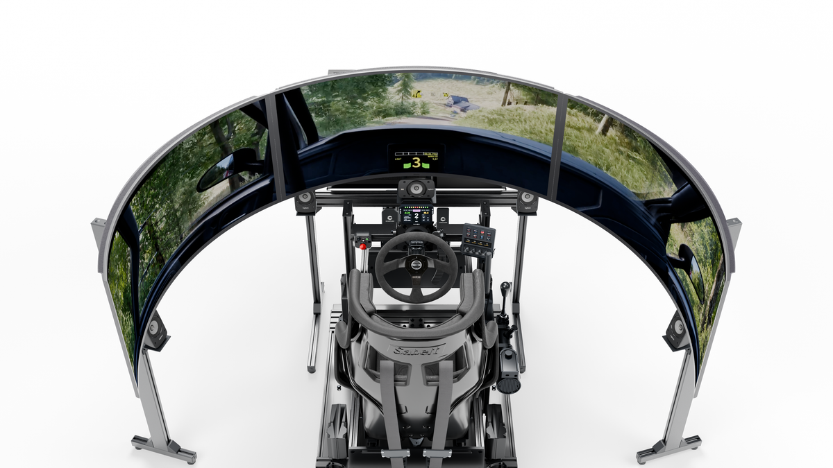 Simulateur Rallye LP6 MOTION — vue embarquée sur les trois écrans incurvés