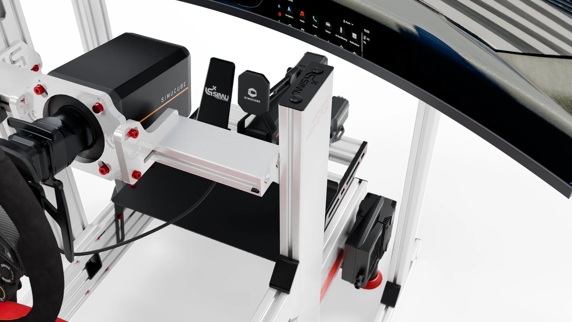 Close-up of the LPSR simulator Direct Drive base and wheel mount