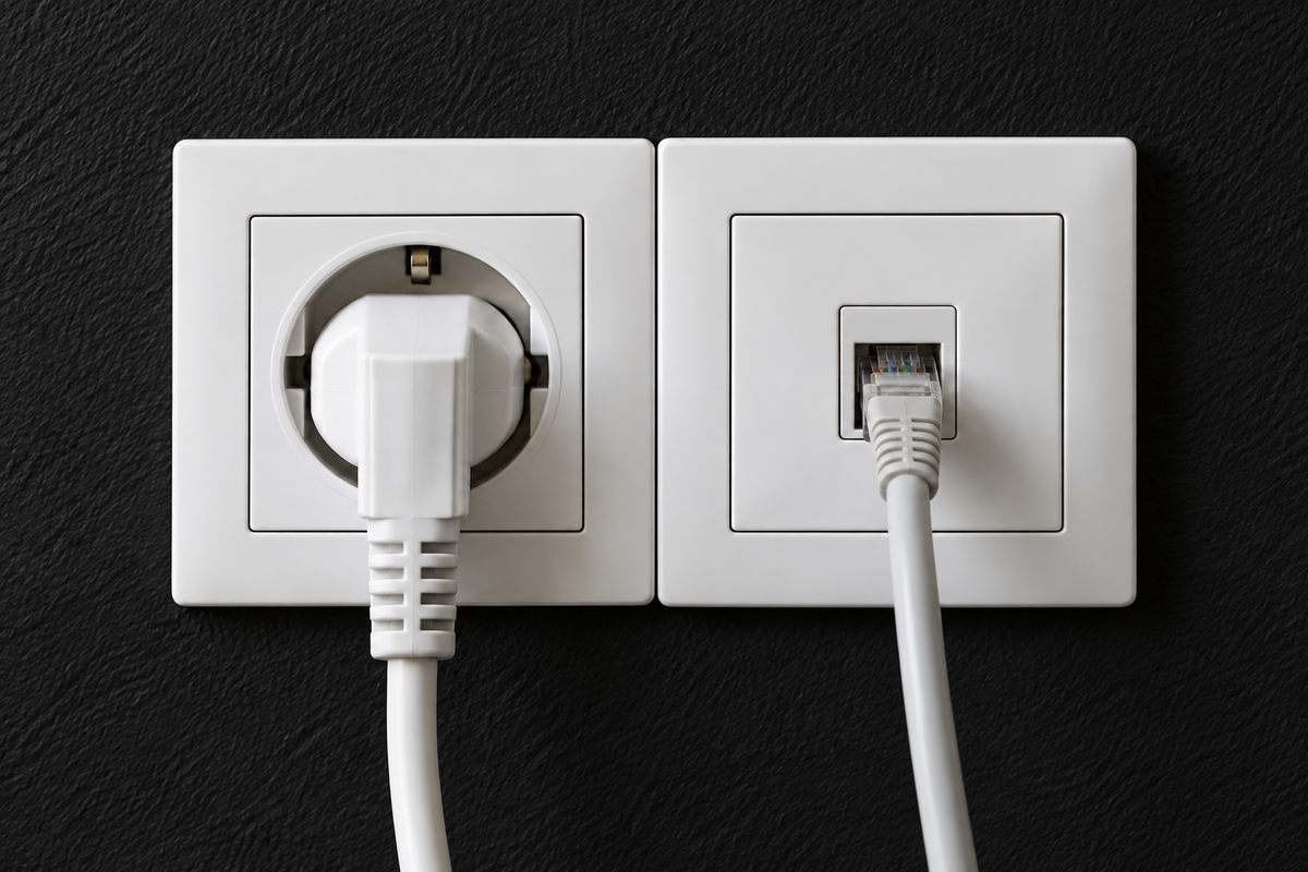 Prise secteur et port réseau RJ45 branchés