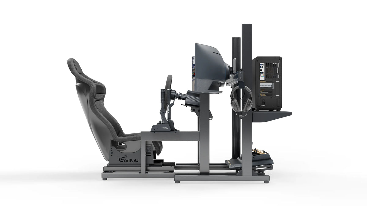 Simulateur de drift LP1 de profil droit, avec écran, cockpit et siège