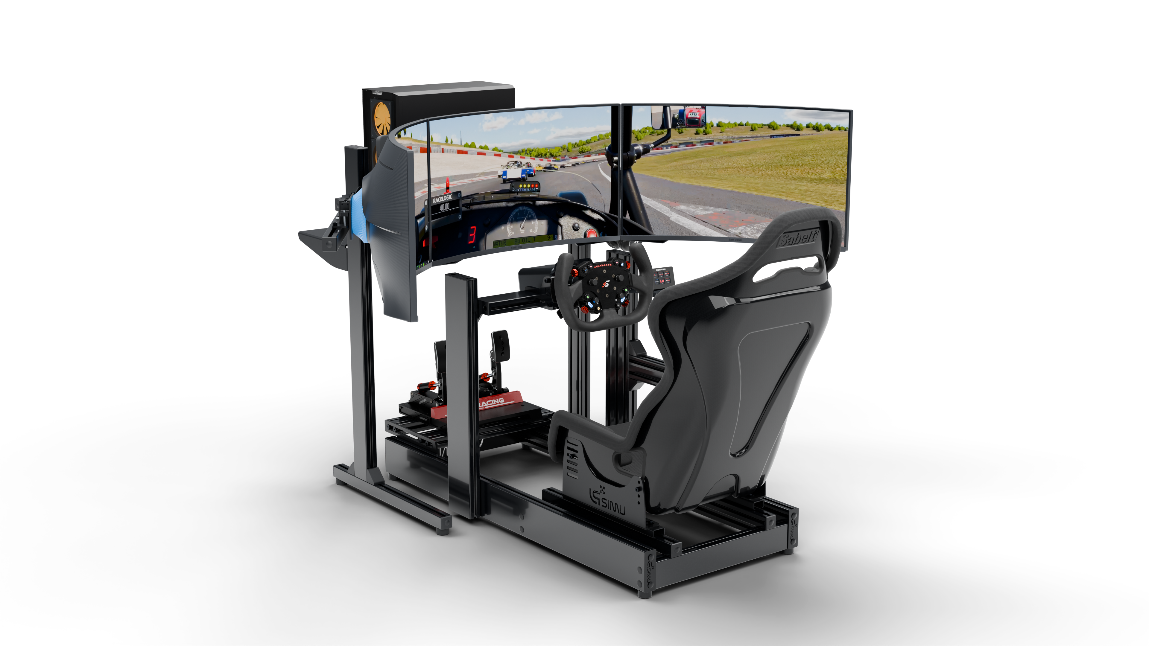 Simulateur de pilotage LPSIMU LP3 vu de trois quarts gauche, avec triple écran Samsung 32 pouces