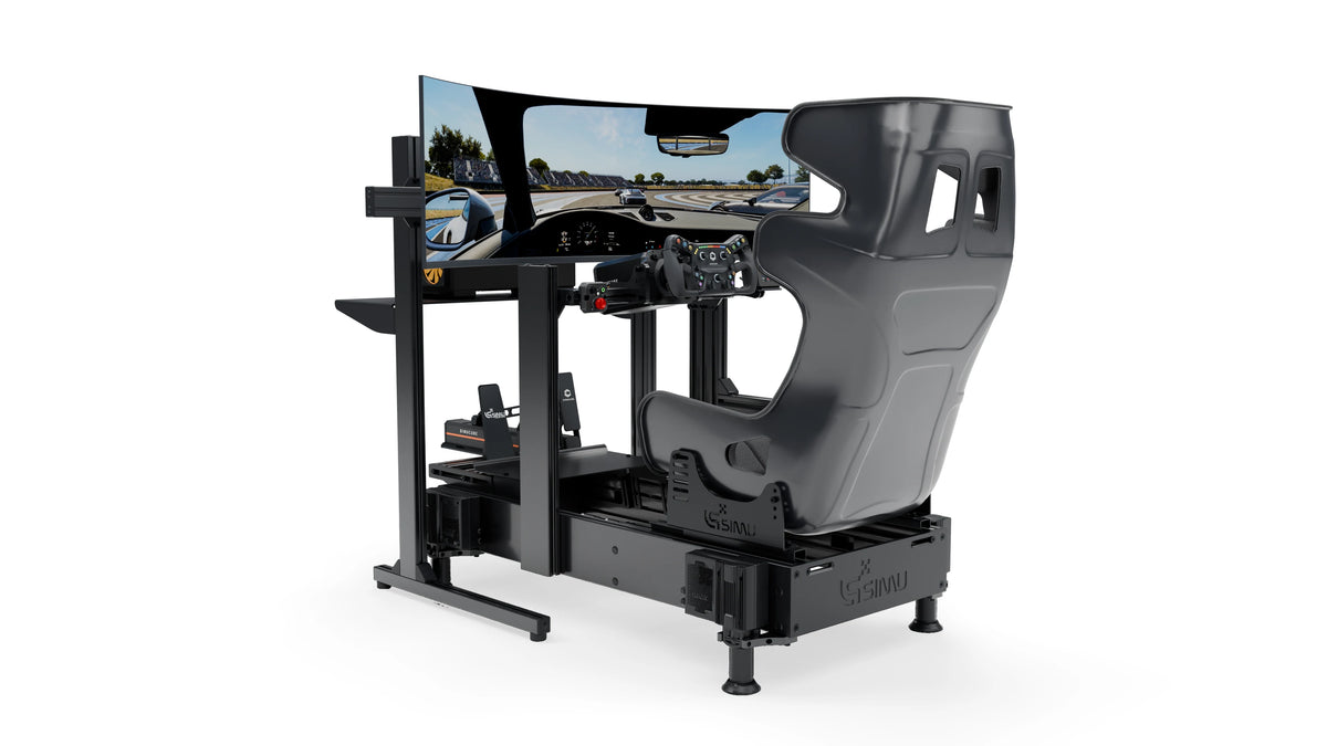 LPSIMU LP4 GT EVO MOTION racing simulator, low-angle view from the left