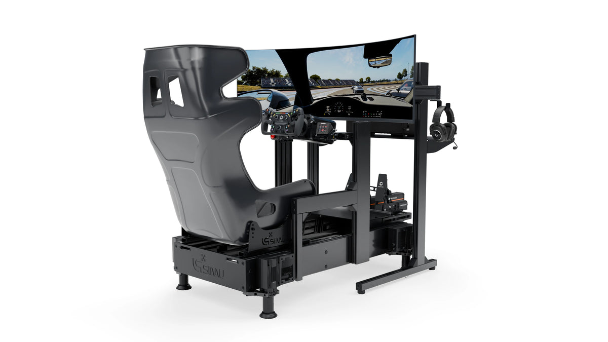 LPSIMU LP4 GT EVO MOTION racing simulator, low-angle view from the right