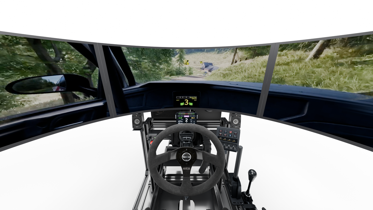 Simulateur Rallye LP6 MOTION — vue depuis le poste de pilotage, écrans de rallye corrigés